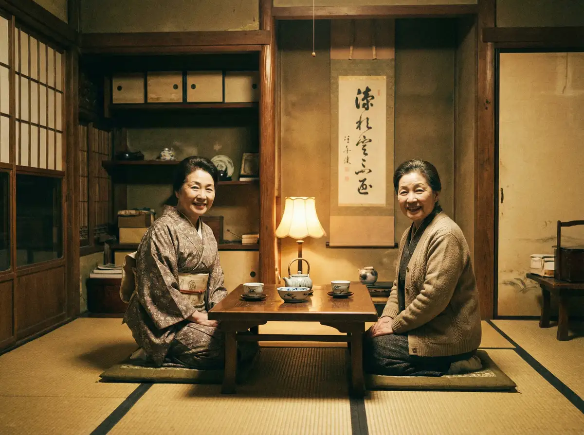 两位优雅的 爱妻艺 在日式茶室中品茶交谈